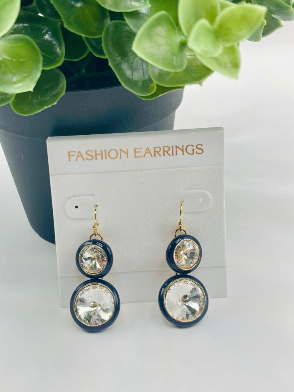 CZ Drop Earrings With Gold Accents & Navy Blue Enamel Borders -63B